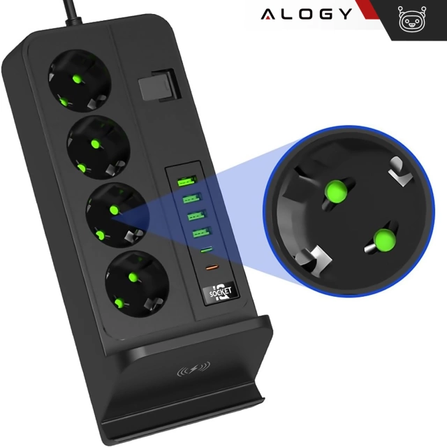 Alogy Plug Extender rozbočovač zásuvek rozbočovač adaptér prodlužovací kabel s indukční nabíječkou Qi 4x EU zástrčka 4x USB 2x USB-C Černá