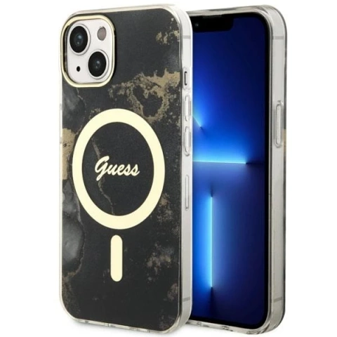 Sada na telefon Guess GUHMP14MHTMRSK pro Apple iPhone 14 Plus 6,7" černý/černý pevný obal Golden Marble MagSafe