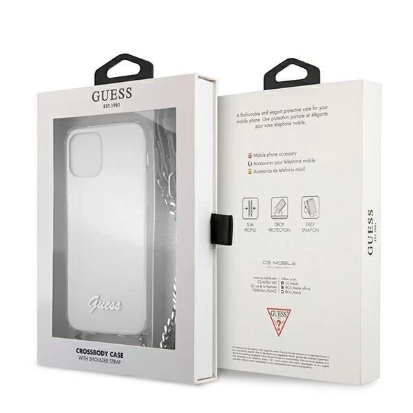 Guess GUHCP12MKC4GSSI iPhone 12/12 Pro 6,1" priehľadné pevné puzdro 4G strieborná retiazka