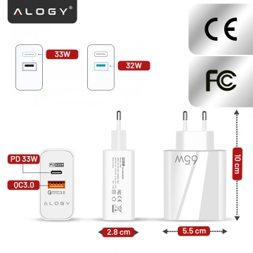 Rýchle rýchle nabíjanie USB-A QC 3.0 USB-C PD 33W 65W nástenná nabíjačka Alogy White