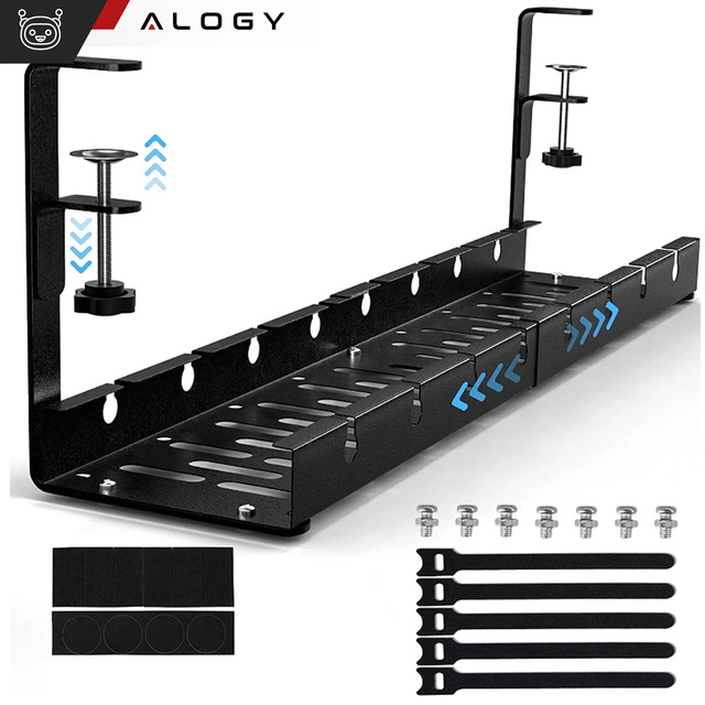 Cable organizer under the tabletop, adjustable shelf for cables, desk strip, aluminum holder Alogy Black