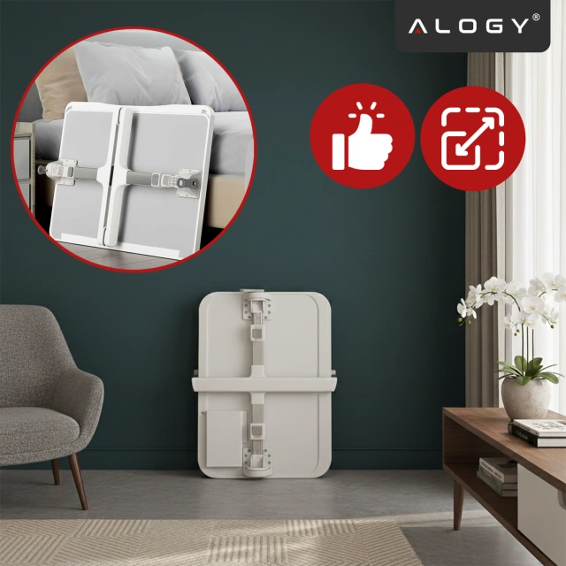 Stolik składany regulowany 60×35 cm – biurko na laptopa z szufladą i portem USB, składane nogi, stabilna konstrukcja do pracy i nauki – Alogy FoldDesk™