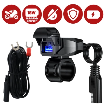 Motocyklová nabíječka Kewig USB-A 18W, rychlé nabíjení QC, vodotěsná IP65 s vypínačem a LED podsvícením, upevnění na řídítka, pro telefon, kameru, interkom – černá