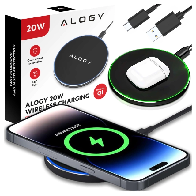 QI wireless inductive charger 20W fast LED Alogy round strong USB-C cable Black