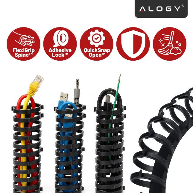 Pružinový organizér káblov pod stôl – flexibilný samolepiaci kryt na vedenie káblov 50 × 4 cm – Alogy CableStrip™ čierny