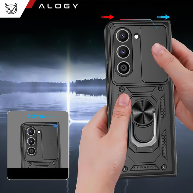 Armored case for Galaxy Z Fold 5 Camshield Case Ring Alogy Stand with slide camera cover, black