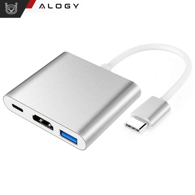 Adaptér HUB 3v1 Alogy adaptér USB-C 3.0 HDMI USB-A Strieborný