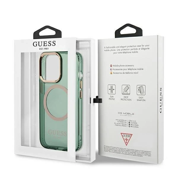 Etui Guess GUHMP13LHTCMA do Apple iPhone 13 Pro / 13 6,1" zielony/khaki pevné puzdro Gold Outline Translucent MagSafe