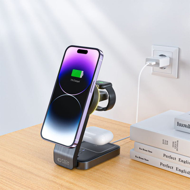 Ładowarka indukcyjna Qi Mag Safe 15W do iPhone Apple Watch AirPods 3w1 bezprzewodowa stojak czarna