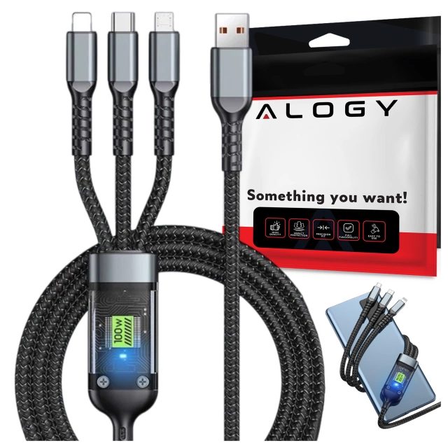 Kabel 120cm Alogy 3w1 Szybkie ładowanie Charging Cable 100W USB do USB-C + Micro + Lightning Czarny