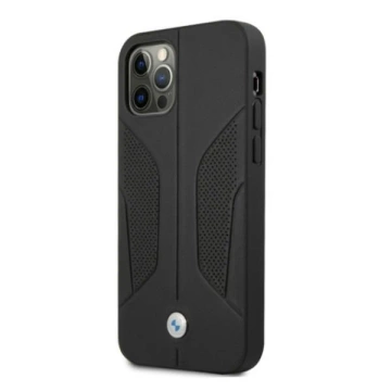 Etui na telefon BMW BMHCP12LRSCSK do Apple iPhone 12 Pro Max 6,7" černé/černé pevné pouzdro Kožené perforované strany