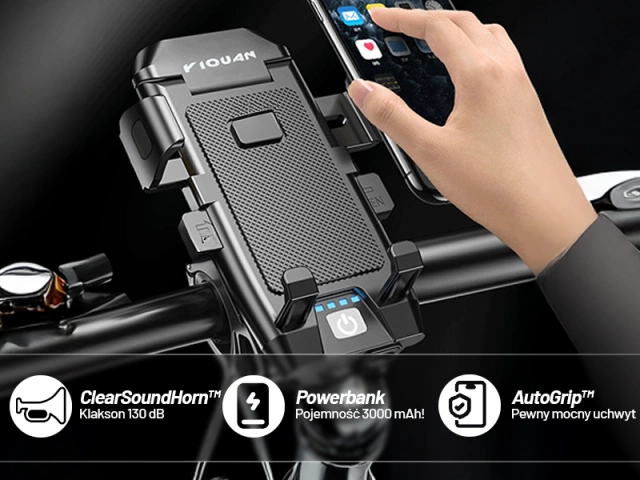 Držák telefonu na kolo 4v1 LED světlo T6 Přední Bell Bike Horn Powerbanka 3000mAh černá