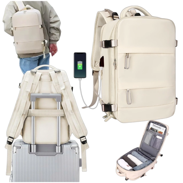 Damen-Reise-Laptop-Rucksack für Koffer, Gepäck, Flugzeug, Arbeit, Schule, 45 x 30 x 20 cm, Alogy Beige
