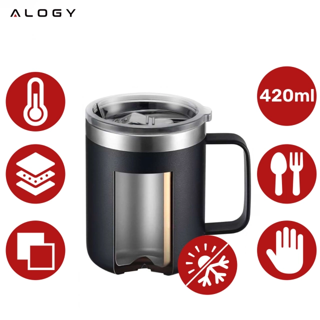 Thermal mug 420 ml with a handle and lid for coffee, tea, steel, cold and hot drinks, Alogy Black