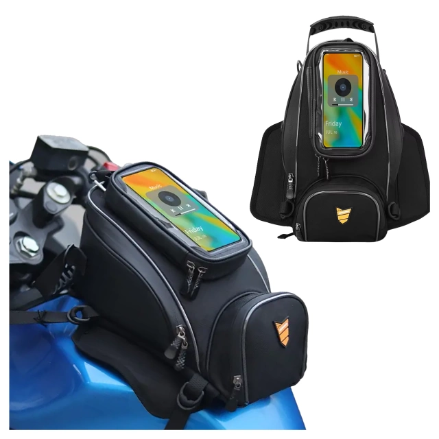Motorcycle Bag with Detachable Phone Case, Waterproof Motorcycle Bag with Compartments and Tank Mount, Spacious and Durable, MotoRider™ – Black