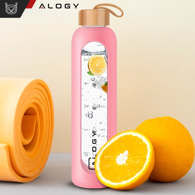 Alogy Large Glass Bottle Drinking Bottle Motivational Measuring Cup 1l 1000ml Silicone Case Pink