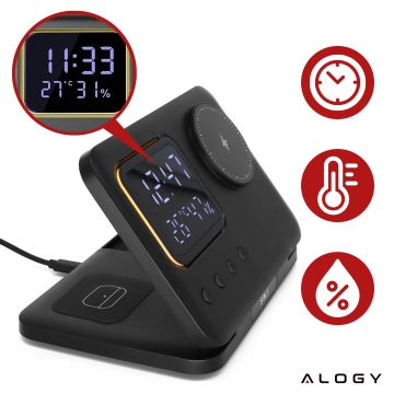 BEZDRÁTOVÁ RYCHLONABÍJECÍ STANICE 5v1 LED HODINY 15W USB-C na MagSafe pro Apple iPhone, Watch, AirPods s hodinami a vlhkoměrem, černá