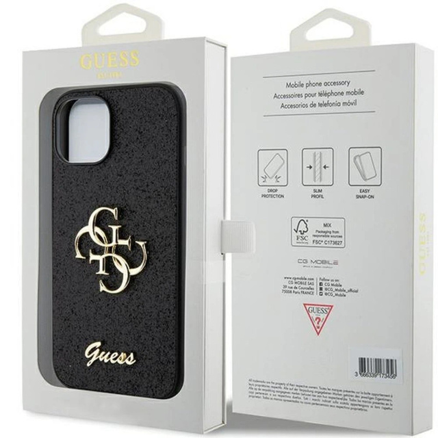 Originálne puzdro GUESS Hardcase GUHCP15SHG4SGK pre iPhone 15 (Fixed Glitter Big 4G / čierne)