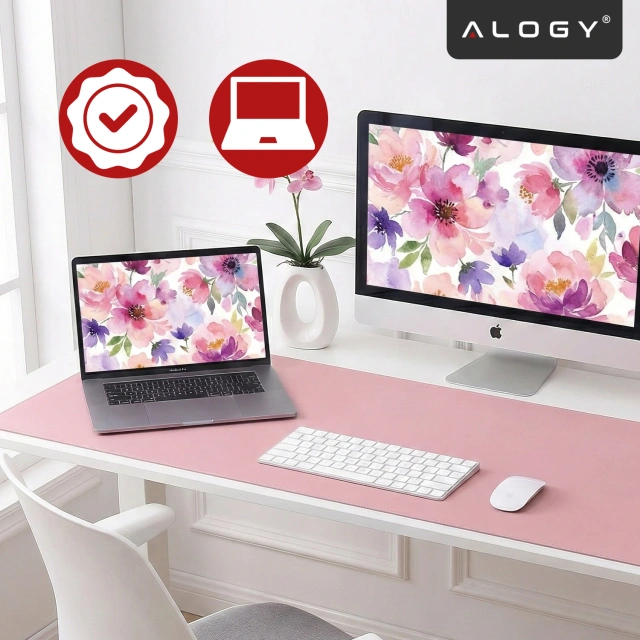 Desk pad 90×45 cm – anti-slip protective mat made of elegant PU eco-leather, for mouse and keyboard, stylish and durable – Alogy WorkMat™ Pink