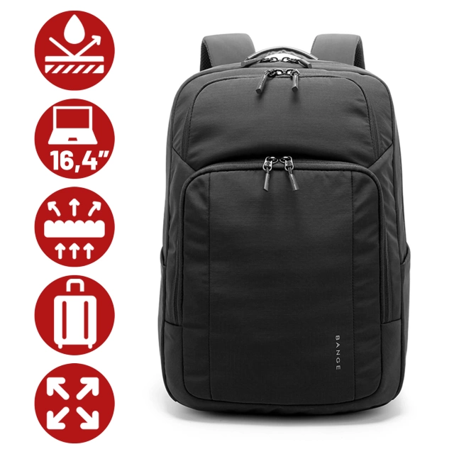 Voděodolný batoh Bange 23L na notebook 16,4" – prostorný a pohodlný, odolný a prodyšný, do města i na cesty, do práce i do letadla, unisex – černý