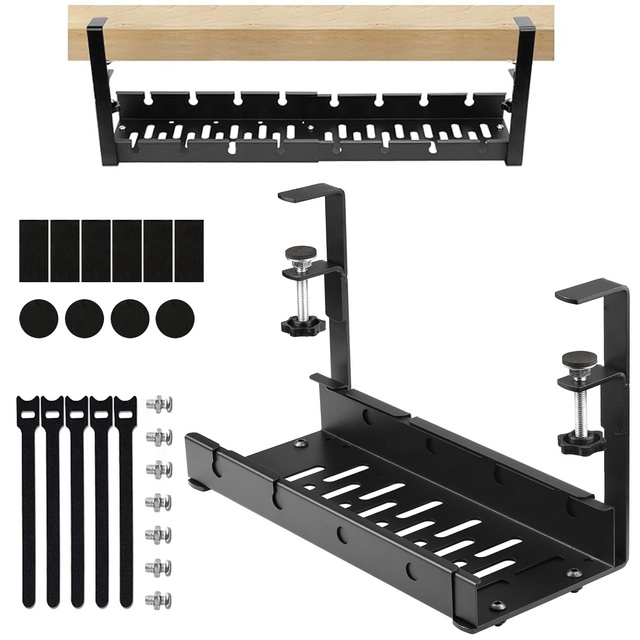Cable organizer under the tabletop, adjustable shelf for cables, desk strip, aluminum holder Alogy Black