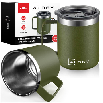 Thermal mug 420ml with handle lid for coffee, tea, steel, cold and hot drinks Alogy Green Washing brush