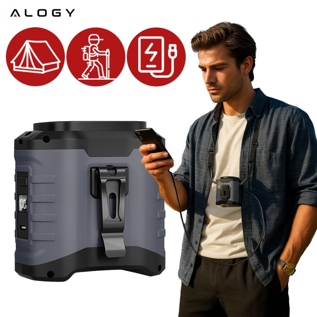 Ventilátor s klipem na opasek, baterie 4000 mAh, 5 rychlostních stupňů, doba provozu 8–40 hodin, nabíjení přes USB, pro použití na stavbách, venku, na turistiku, pro letní práci, powerbanka