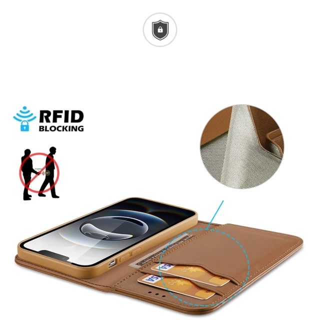 Ochranný kryt Dux Ducis Hivo pre iPhone 16e s flipom a RFID ochranou – hnedý