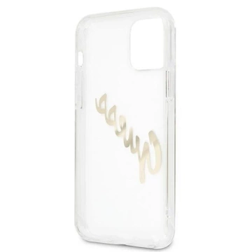 Guess GUHCP12MKTRSVGO iPhone 12/12 Pro 6,1" priehľadné pevné puzdro Vintage Script Gold