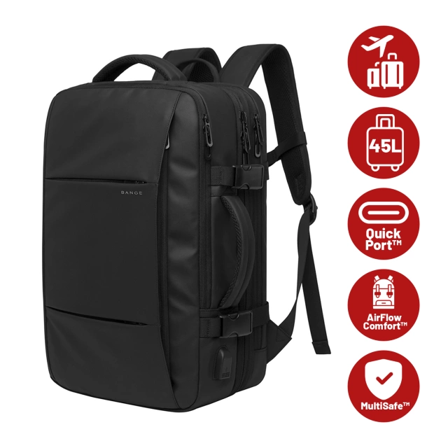 Travel backpack Bange BackPack business expandable backpack Capacious bag for 17.3" laptop with USB port Black