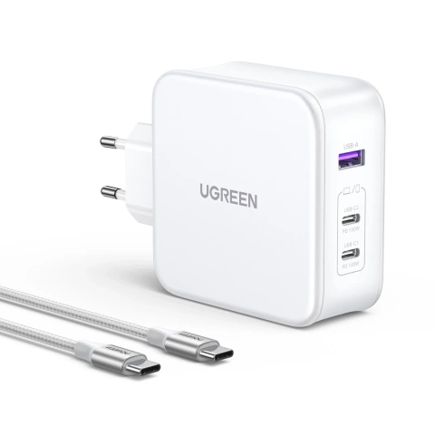 GaN Ugreen Nexode USB-A/2xUSB-C 140W Wall Charger USB-C Cable 1.5m - White