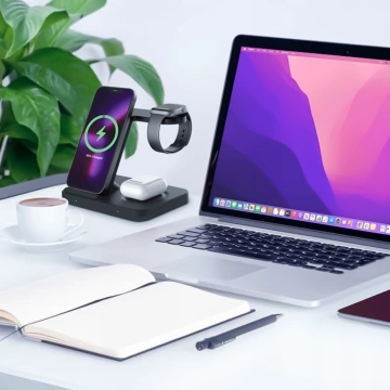 Qi 15W indukčná nabíjačka pre iPhone Apple Watch AirPods bezdrôtová dokovacia stanica 3v1 čierna