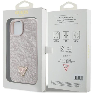 Etui Guess GUHCP15SP4TDPP na iPhone 15 6,1" różowy/růžové pevné pouzdro Leather 4G Triangle Strass
