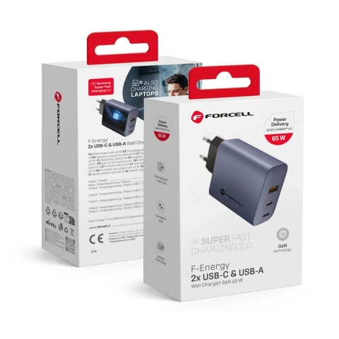 FORCELL F-ENERGY GaN настінний зарядний пристрій 2 x Type C USB A PD QC4.0 4A 65W сірий