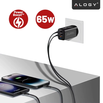 Ładowarka Sieciowa Szybka 3w1 do telefonu samsung iphone GaN3 65W PD i QC, Porty 2x USB-C 65W + USB-A 30W, Alogy GaNCharge Compact™ – Czarna