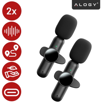 Bezdrátový mikrofon 2x sada - Lightning pro iPhone, potlačení hluku, lehká konstrukce, dosah až 20 metrů - 2x klopový mikrofon s kožešinovým krytem, ​​sluchátko na telefon - Alogy DualVoice™ černá
