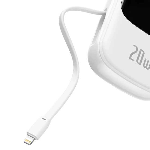 Powerbank z szybkim ładowaniem Baseus Qpow Digital Display 20000mAh 20W QC/PD/SCP/FCP z wbudowanym kablem Lightning biały