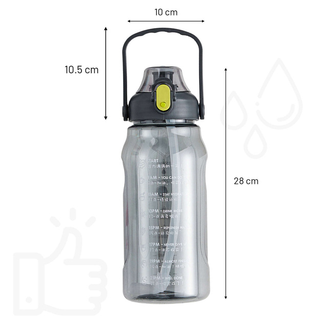 Motivational drinking water bottle with a straw, 1.5l, reminder, motivational measuring cup, handle, black