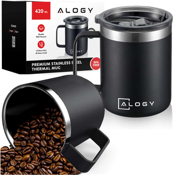 Termohrnček 420 ml s uškom a vrchnákom na kávu, čaj, oceľ, studené a teplé nápoje, Alogy Black