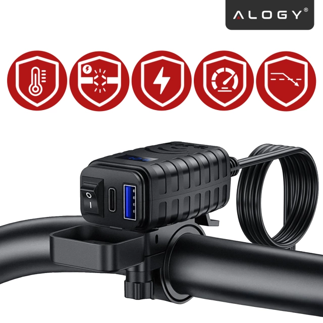 Зарядний пристрій для мотоцикла Alogy MotoCharge Pro™ з дисплеєм, швидка зарядка PD QC 3.0 потужністю 36 Вт, порти USB-A та USB-C, водонепроникний та міцний, чорний