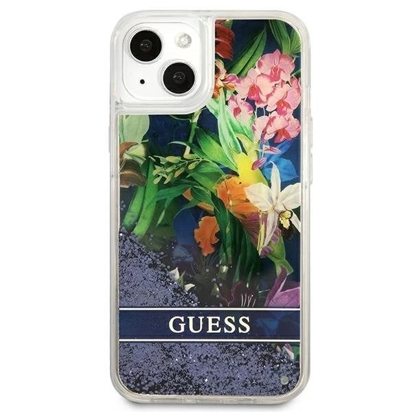Guess GUHCP13SLFLSB iPhone 13 mini 5,4" niebieski/modré pevné puzdro Flower Liquid Glitter