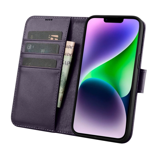 iCarer Wallet Case 2v1 pouzdro na telefon pro iPhone 14 Plus Anti-RFID kožený flipový kryt tmavě fialový