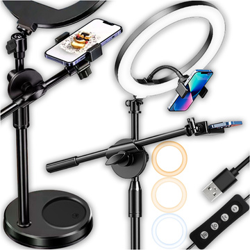 Кільцевий світлодіодний кільцевий світильник 10" 2x тримач для телефону, штатив на столі з регульованою рамою Alogy Black