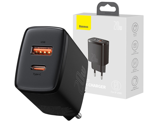 Настінний зарядний пристрій Baseus USB PD QC 3.0 20W Black