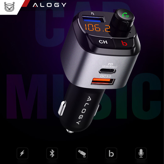 Alogy Car FM Transmitter USB QC 3.0 Nabíječka USB-C PD Bluetooth MP3 přehrávač