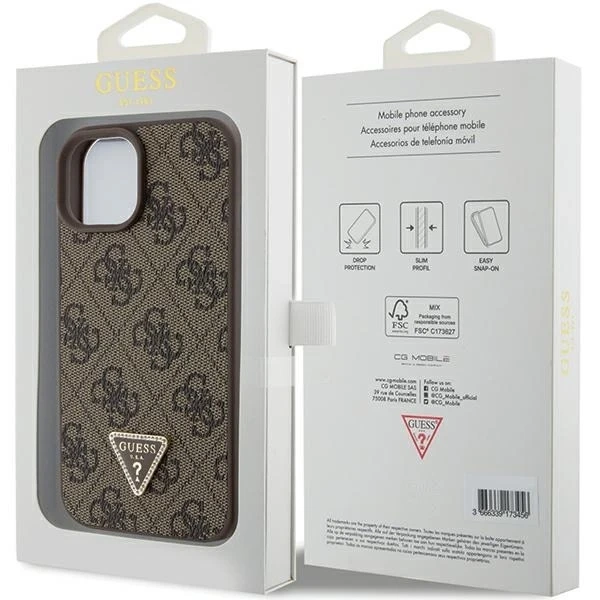 Etui Guess GUHCP15SP4TDPW na iPhone 15 6,1" brązowý/hnědý pevný obal Kožený 4G Triangle Strass