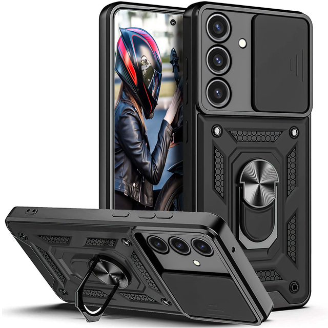 Puzdro pre Samsung Galaxy A55 5G Armored Slide Puzdro prstencový kryt Ochrana fotoaparátu Camshield Alogy Black