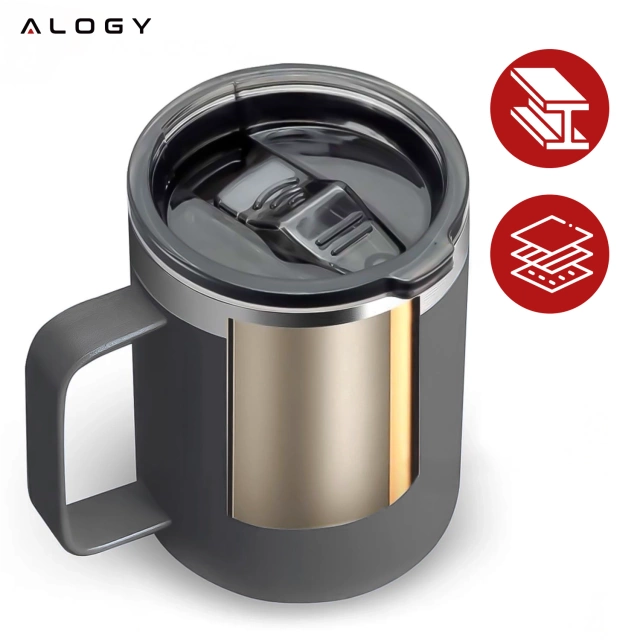 Termohrnček 420 ml s uškom a vrchnákom na kávu, čaj, oceľ, studené a teplé nápoje Alogy Grey