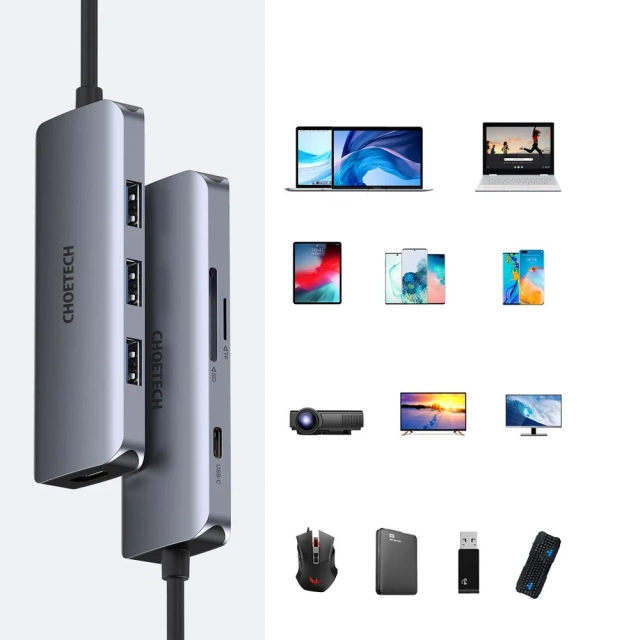 Багатофункціональний концентратор Choetech 7in1 USB Type C - 3x USB 3.2 Gen 1 / SD і TF картрідер / HDMI 4K 30 Гц / USB Type C сірий (HUB-M19 сірий)