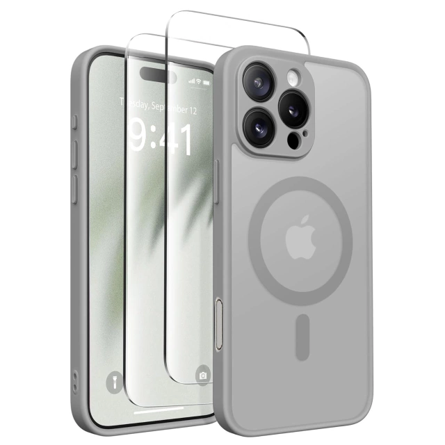 3w1 Zestaw Etui Hybrydowe + Szkło do Apple iPhone 16 Pro obudowa ochronna Hybrydowe MagSafe z ochroną obiektywu case + 2x Szkło hartowane ochronne na telefon Alogy 3in1 Case Pack Titanium Szare